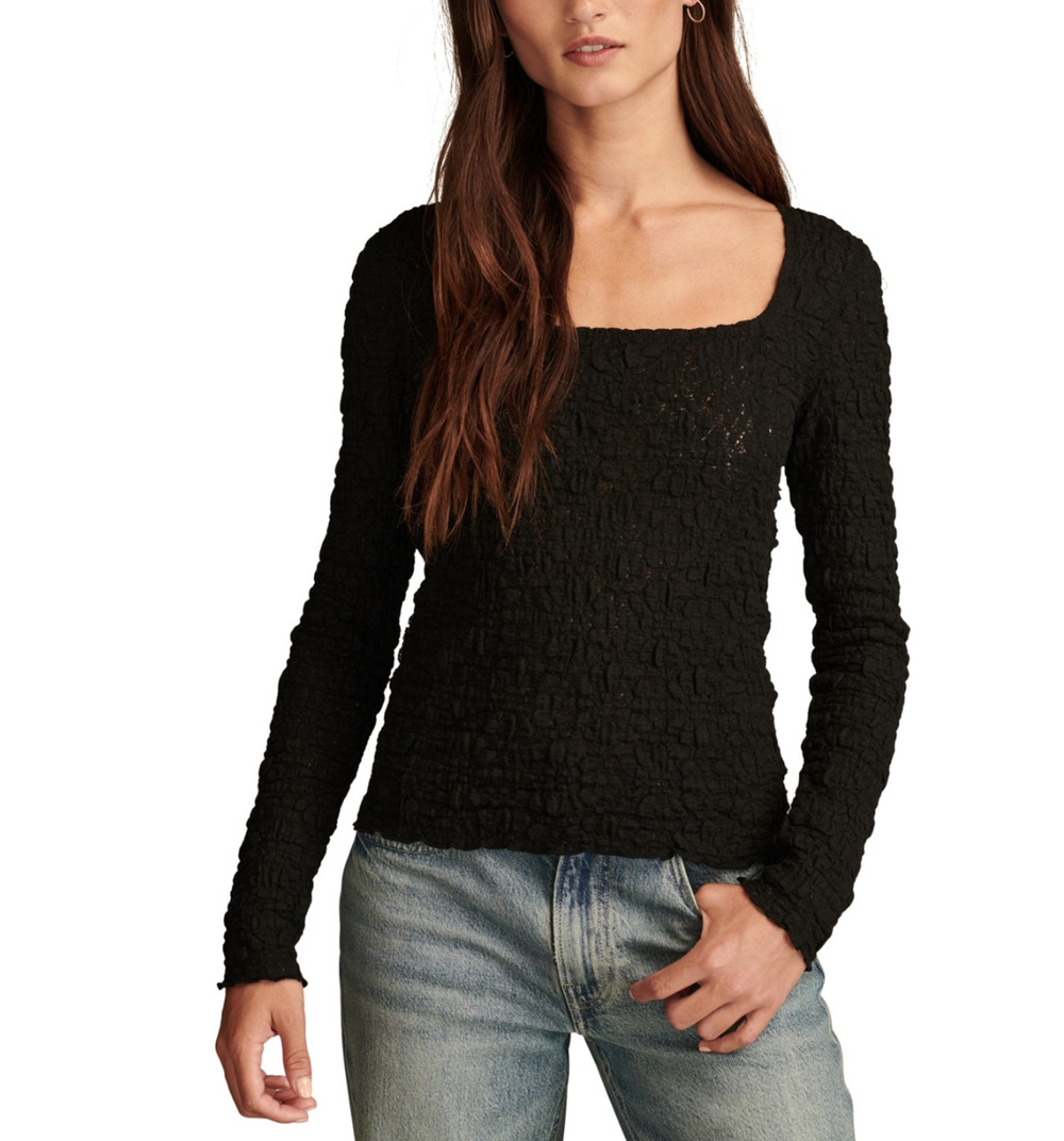 Lucky Brand Women Long Sleeve Textured Top Black Size XS